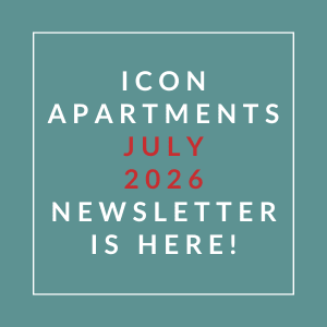 The image announces the availability of the July 2026 newsletter for Icon Apartments.