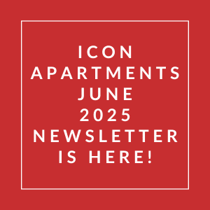 The image announces the availability of the June 2025 newsletter for Icon Apartments.