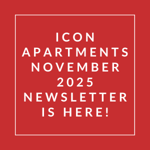 The image announces the release of the Icon Apartments November 2025 newsletter.