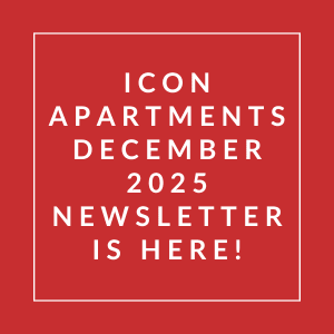 The image announces the availability of the Icon Apartments December 2025 newsletter.