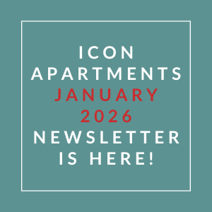 A red square with white text announcing the next month's newsletter.