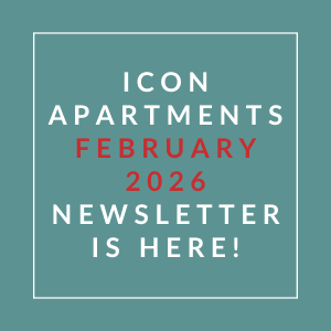 The image announces the availability of the Icon Apartments February 2026 newsletter.