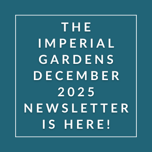 The image announces the release of the Imperial Gardens December 2025 newsletter.