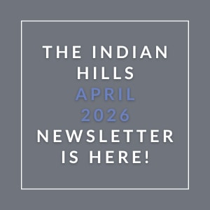 The image announces the availability of the Indian Hills April 2026 newsletter.