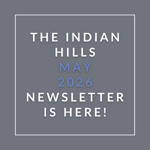The image announces the availability of the Indian Hills April 2026 newsletter.
