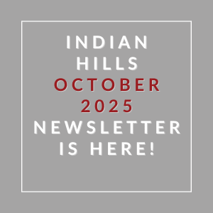 The image announces the availability of the Indian Hills October 2025 newsletter.