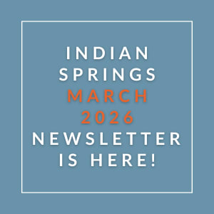The image announces the availability of the Indian Springs March 2026 newsletter.