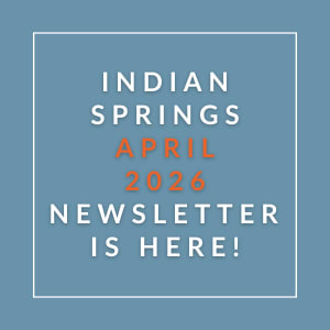 The image announces the availability of the Indian Springs April 2026 newsletter.
