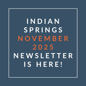The image announces the availability of the Indian Springs November 2025 newsletter.