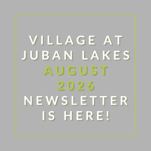 A graphic announcing the availability of the Village at Juban Lakes August 2026 newsletter.