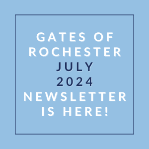 a blue background with the text gates of rochester july 2024 newsletter is here