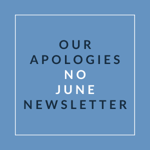 A blue square with the text "Our Apologies No June Newsletter" written in white.