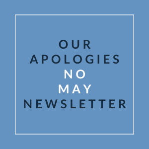 A blue square with the text "Our Apologies No May Newsletter" written in white.