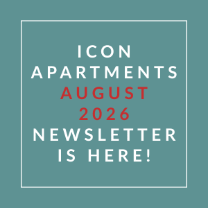 The image announces the availability of the August 2026 newsletter for Icon Apartments.