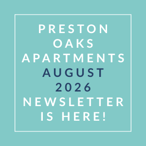 The image is an announcement for the Preston Oaks Apartments August 2026 newsletter.