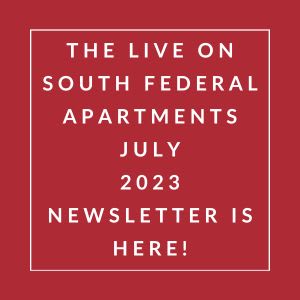 a sign that says the live on south federal apartments july 23