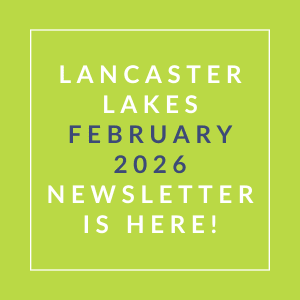 The image announces the availability of the Lancaster Lakes February 2026 newsletter.