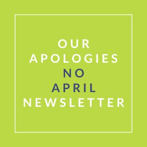 A poster with the text "Our Apologies No April Newsletter" on a green background.