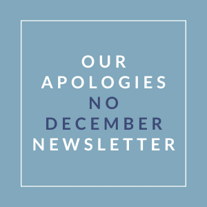 A blue square with the text "Our Apologies No December Newsletter" written in white.