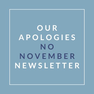 A blue square with the text "Our Apologies No November Newsletter" written in white.