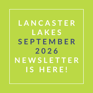 A green background with text announcing the Lancaster Lakes September 2026 newsletter.