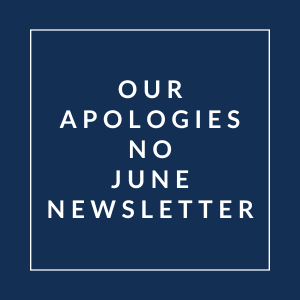 A blue square with the text "Our Apologies No June Newsletter" written in white.