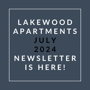 the white text on a blue background reads lakewood apartments adj 2021 newsletter is here
