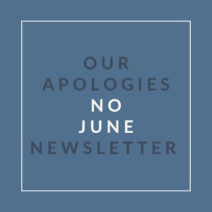 A blue square with the text "Our Apologies No June Newsletter" written in white.