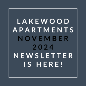the white words lakewood apartments october 2024 newsletter is here on a blue background