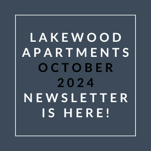the white words lakewood apartments october 2024 newsletter is here on a blue background