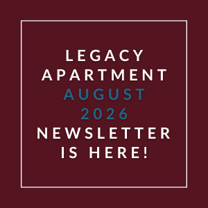 The image is a cover of the Legacy Apartment August 2026 newsletter.