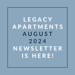 a gray background with a blue outline and white text that reads legacy apartments july 23,