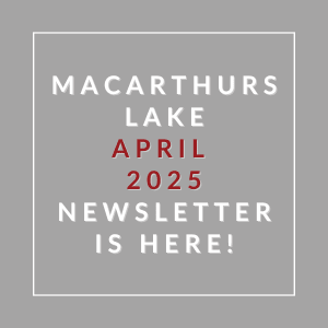 A gray square with text announcing the MacArthur Lake April 2025 newsletter.