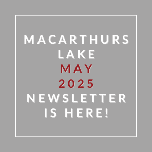 A gray square with text announcing the MacArthur Lake May 2025 newsletter.