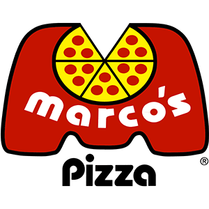 A pizza logo with the name Marco's on it.