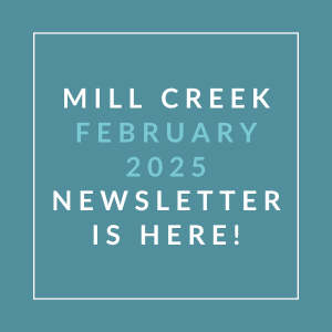 A teal-colored image announcing the availability of the Mill Creek January 2025 Newsletter.