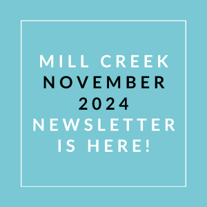 a white frame on a blue background with the text mill creek october 2024 newsletter