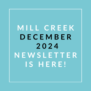 a white line on a blue background with the words mill creek december 2024 newsletter