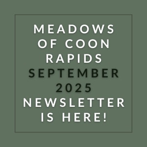 The image announces the availability of the Meadows of Coon Rapids September 2025 newsletter.