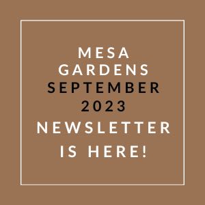 a sign that says mesa gardens september 23 23 newsletter is here
