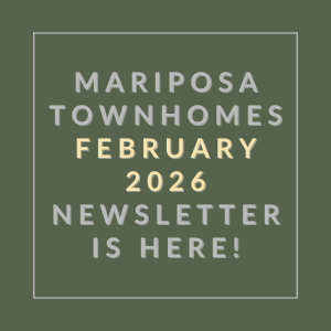 The image is a cover of the Mariposa Townhomes February 2026 newsletter.