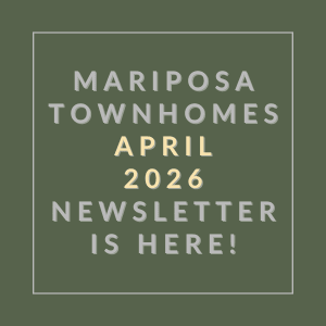 The image is a cover of the Mariposa Townhomes April 2026 newsletter.