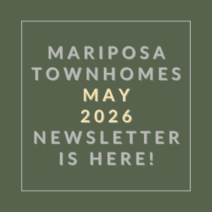 The image is a cover of the Mariposa Townhomes May 2026 newsletter.