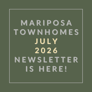 The image is a cover of the Mariposa Townhomes July 2026 newsletter.