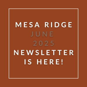 A brown square with white text announcing the Mesa Ridge June 2025 Newsletter.