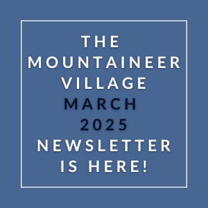 The image announces the availability of the Mountaineer Village March 2025 newsletter.