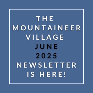 The image announces the availability of the Mountaineer Village June 2025 newsletter.