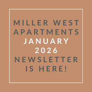 The image is a cover of the Miller West Apartments January 2026 newsletter.