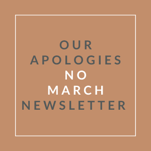 A brown square with the words "Our Apologies No March Newsletter" written in the center.
