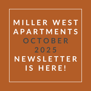 The image is a cover of the Miller West Apartments October 2025 newsletter.